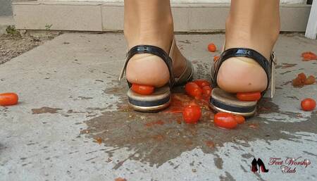 Cherry tomatoes crushed by sandals