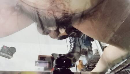 GPCT_JR617E Jinger Glass floor back with high heels and black stockings trampled slave cock forc ejaculation