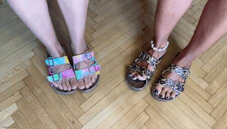 TWO GIRLS PRETTY FEET TOE WIGGLING IN BIRKENSTOCK SANDALS - MP4 Mobile Version
