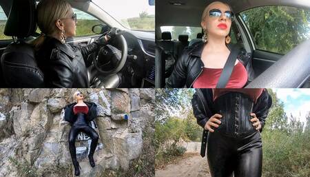 Blonde goddess walking and driving in her leather outfit