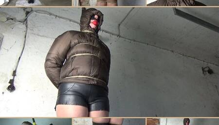 Tied up and pissing in a puffy jacket