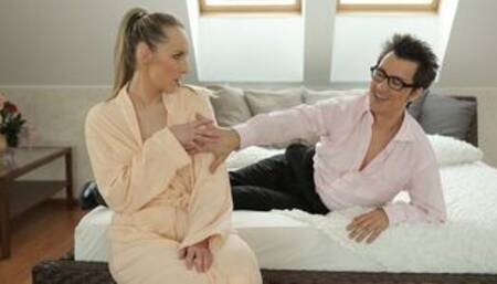 Dazzling minx has an affair with boyfriends dad in the bed