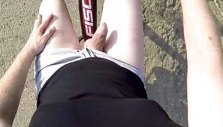 Naked and horny in public - POV cam - Riding nude in nature, shaved body, exhibitionist masturbate to cumshot
