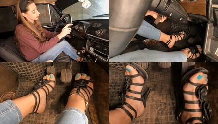 Nastya cranking old VAZ with a focus on her feet