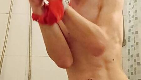Masked face blond boy possing