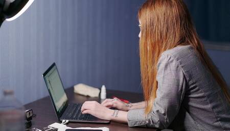 Hot secretary play with pussy at work