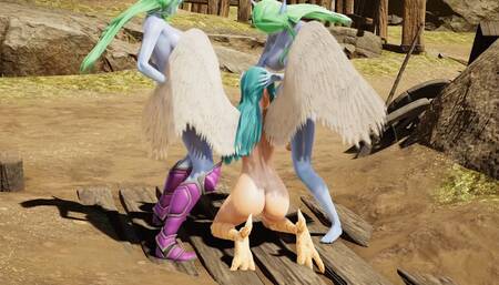 Two futa night elf fuck a harpy in the desert