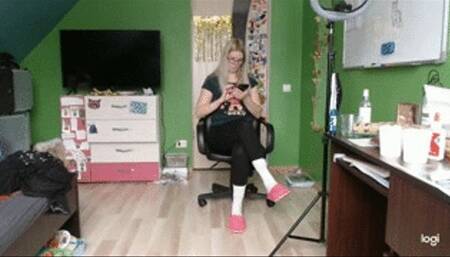 Pink slippers, white socks pulled up & leggings *custom* (shrinking fetish)