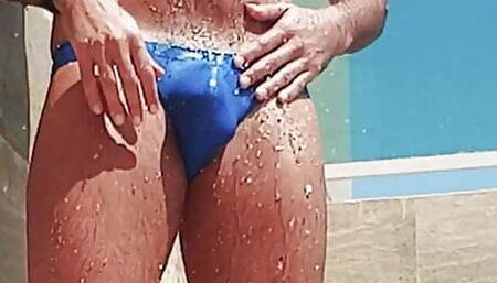 Pool side shower speedo bulge wank quick cum squirt