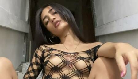 Small Latina Teen Tatiana risky masturbation session in fishnets!