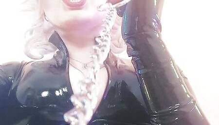 Latex Mistress: collar and leash FemDom training for good submissive! Arya Grander rubber Domme POV