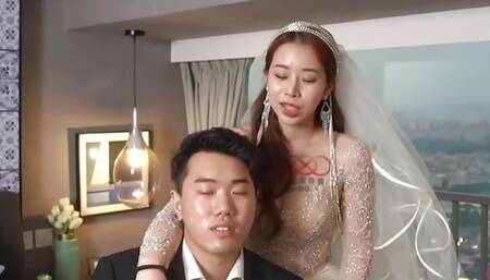 Horny bride with sexy wedding dress cheating with a big dick guy