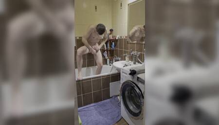 Young naughty daddy first shaved beard then his pubic hair and after that he showers himself