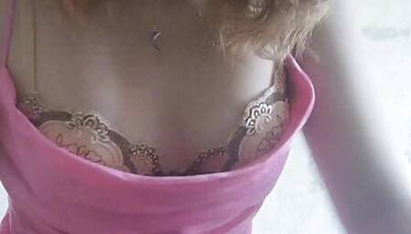 Home day gentle striptease in pink dress and masturbation with orgasm