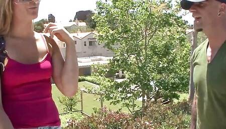 After picking up Evelyn Hughes her shaved pussy gets eaten