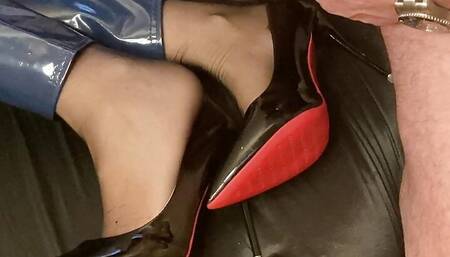 Blue Vinyl Leggins, Nylons, High Heel Pumps