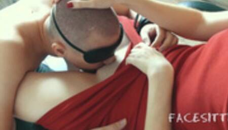 Chained slave licks pussy on the orders of mistress, russian femdom cunnilingus, female domination