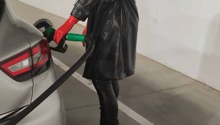 Tania pouring gasoline