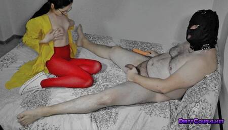 Fucking in a PVC raincoat and pantyhose, with cumshot on the hands