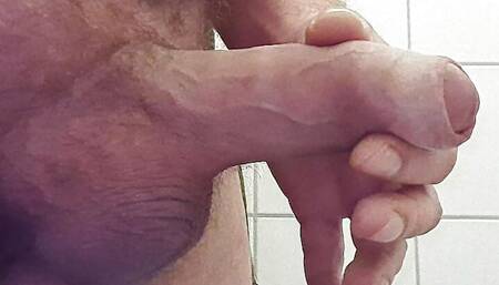 44 old Daddy Bear jerking his big uncut cock a public toilet again with cumshot (frontview)