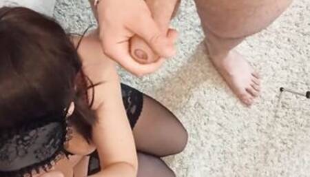 milf wifey blows guest. Cuckold hubby is watching. Both cum on her butt. point of view