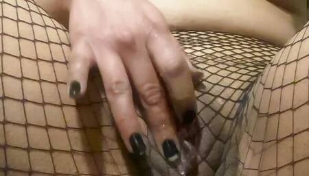 Horny latina ends up with creamy pussy while masturbating with fishnets