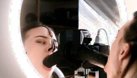 AnaKatana's deep throat training set up: Hitachi, blinding lenses, nose hook, inflatable ass plug