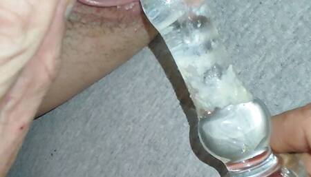 Boyfriend putting glass dildo in my creamy pussy and i piss