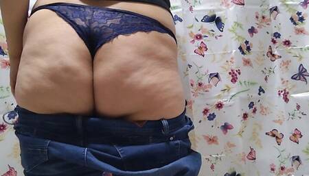 mom trying to climb up and put on her jeans