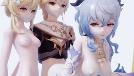 Genshin Aether fucking both Ganyua and Lumine