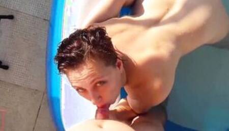 Regina Noir masturbates, Toejob, blows penis, oral sex. pov, close-up, outdoors, swimming pool, one