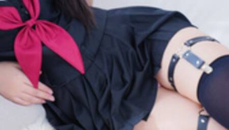 Japanese thick thighs schol girl rides on dick and masturbates with vibrator