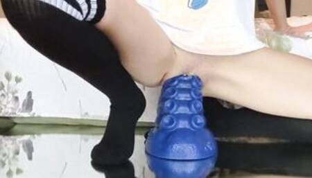 Small size queen into thigh high socks tames the Kraken XL Bad dragon Ika Creamy finish