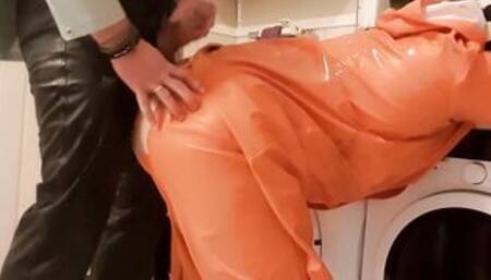 Hand Job and squirt on ex-wife's greased up rainwear and latex boots