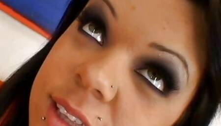 Brunette porn slut gets her mouth filled with cock and cumshot on her ass