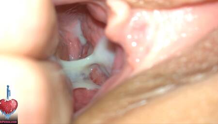 Sperm harvesting from fucked pussy with closeup of creampie inside the tight and shaved vagina