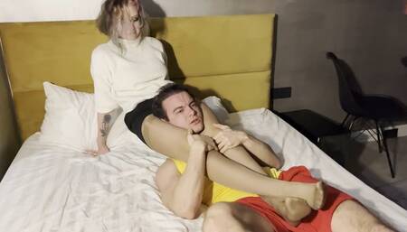 Teen girl wrestling and headscissors guy