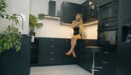 Glam Girl in Black Dress is fucked hard till she puke on dress and high hells like a fountain