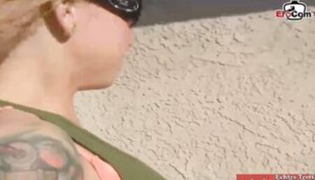 Blonde teenie picked up by an inked dyke twat with mouth for