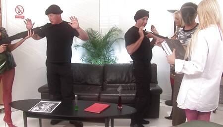 Busty brunette and her two blonde friends suck two stud's tools hardcore