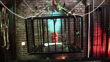 Busty vixen in latex sucks and fucks two guys in a dungeon