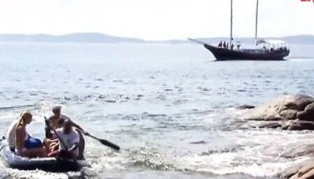 Outside anal Gang Bang at the beach with a dirty beauty melons blonde