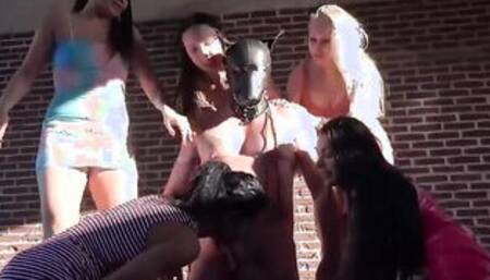 bimbos play with the Mystery Man - CFNM