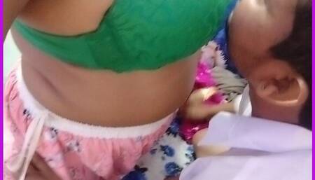 Desi girl opens her green bra and grabs boyfriend's cock.