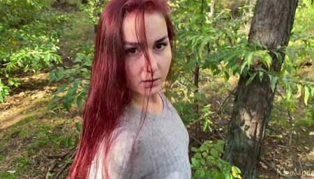 Redhead wife sucks cock in the forest and swallow. KleoModel