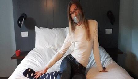 0050 Fluffy Socks Make for a Massive Mouth Stuffing in my Self-Gagged Day Out! Duct Tape Gag for Girl in Glasses! Part 1 of a 2 Part Custom Video! SD Version