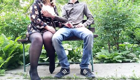 The adventures of a dirty MILF in Pantyhose in the park on a bench