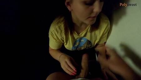 The girl gives a blowjob on a public balcony, and then walks