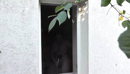Outside – young neighbor watches Milf taking Shower