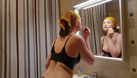 Make-up fetish and masturbation with dildo in bathroom